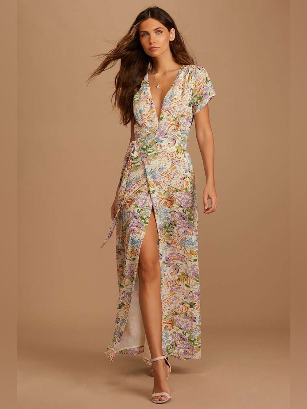 Lulus Feels Magical Ivory Floral Print Short Sleeve Wrap maxi dress